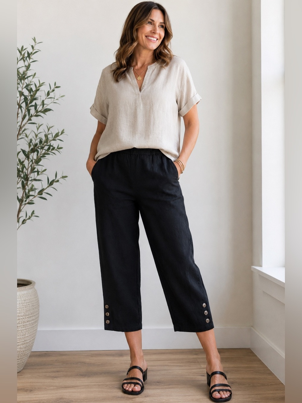 Fridaze 100% Linen Black Pull-On Capri Pants Pockets Medium